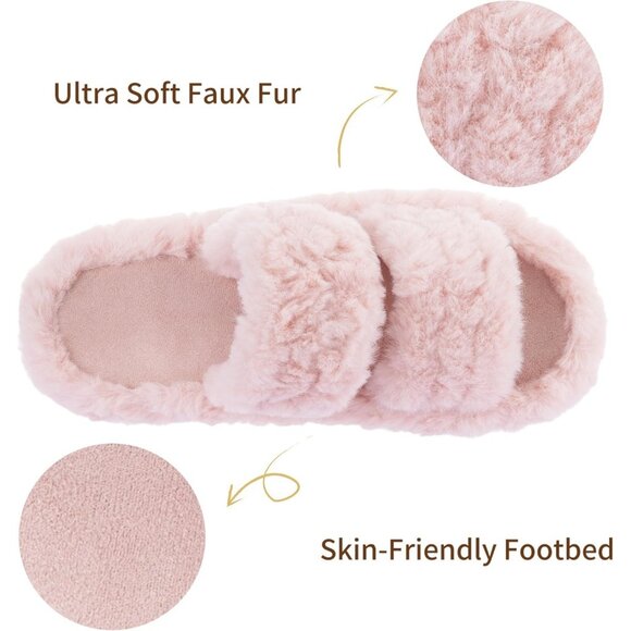 Women’s Light Pink Pluffie Arch Memory Foam Cozy Faux Fur Open Slippers Shoes - Picture 5 of 6